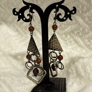 Gun Metal and wood abstract dangle earrings EUC